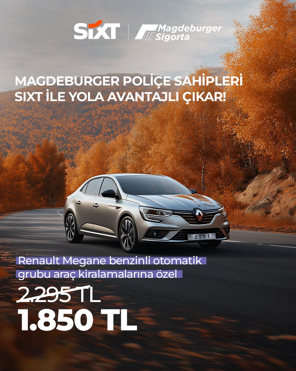 Magdeburger poliçe sahipleri Sixt ile yola avantajlı çıkar!

✅ Fiat Egea sedan dizel otomatik ve Egea Cross araç kiralamalarına özel 1.650 TL.
✅ Renault Clio benzinli otomatik grubu 1.650 TL.
✅ Renault Megane benzinli otomatik grubu 1.850 TL.

📍 Kampanyamız, Van hariç tüm