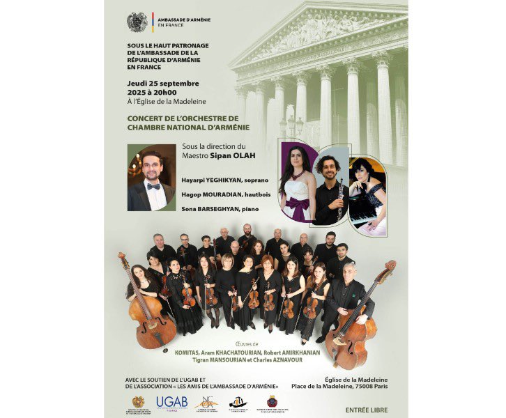 🎼 Orchestre National de Chambre d’Arménie à Paris
📅 25 sept 2025 - 20h00
📍 Église de la Madeleine
Komitas, Khatchatourian, Aznavour…
Direction : Sipan Olah
🎫 Gratuit
armenopole.com/concert-de-l-o…
#MusiqueArménienne #ConcertParis #Komitas #Khatchatourian #CharlesAznavour