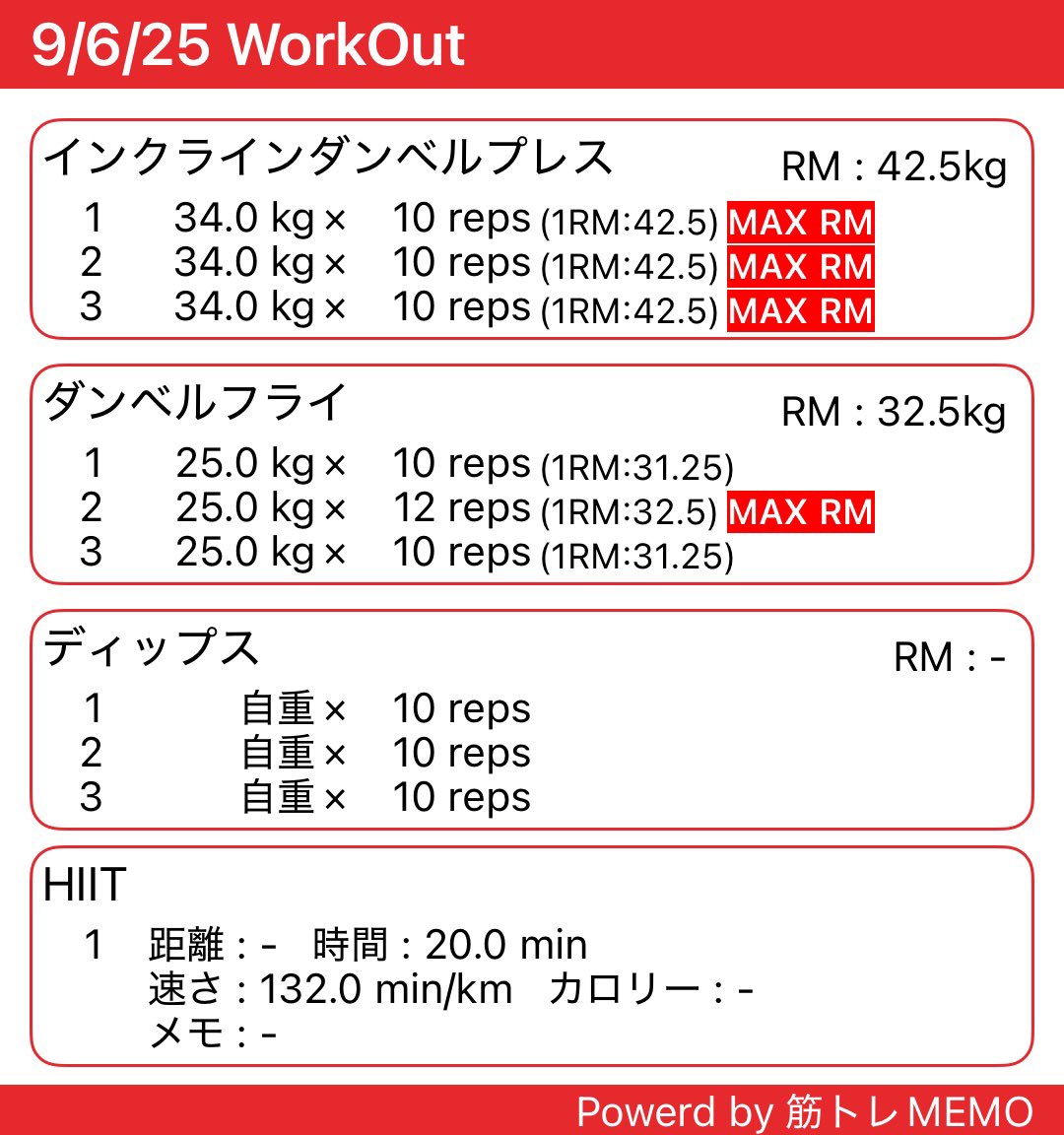 POW_trainee's tweet photo. 胸とHIITの日！
HIIT終わった後に計測止めるの忘れてて計測時間が長くなっちゃった🤣
実稼働は10分くらい😆
#筋トレ  #宅トレ #筋トレMEMO  #筋トレ好きと繋がりたい https://t.co/NjQ8WEoxmq
