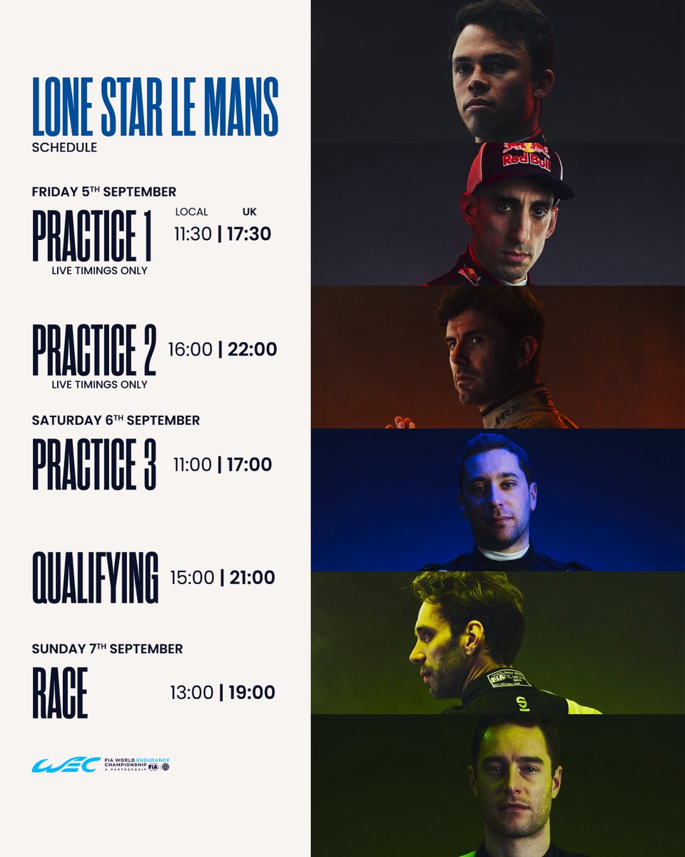 Bugün Türkiye saati ile 23:00'de WEC COTA sıralama turları yapılacak.
Formula E'de yarışan 6 pilot bu yarışta olacak.
🇳🇱 De Vries - Toyota
🇨🇭 Buemi - Toyota
🇫🇷 Nato - Cadillac
🇳🇱 Frijins - BMW
🇫🇷 Vergne - Peugeot 
🇧🇪 Vandoorne - Peugeot