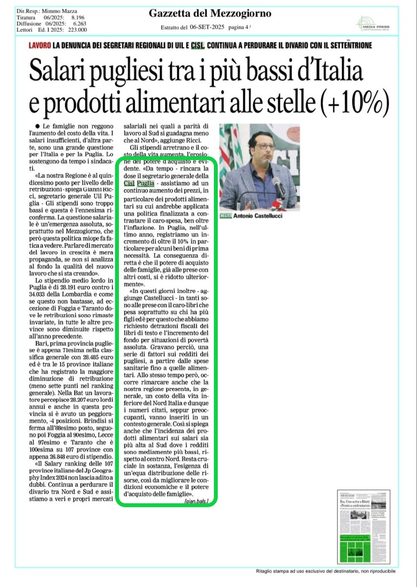 #Carovita, su La Gazzetta del Mezzogiorno intervento del Segretario generale #CislPuglia Antonio Castellucci