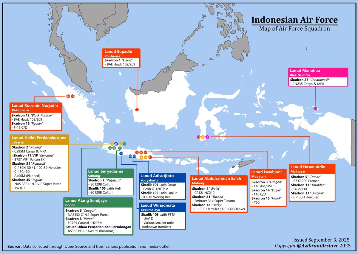 Arani1610377's tweet image. #Infographic #Map Map of Indonesian Air Force active squadron

Peta sebaran skadron udara dan skadron pendidikan TNI-AU. Infografis ini bertujuan sebagai bahan edukasi dan diskusi produktif untuk pegiat dan pemerhati pertahanan Indonesia. without any ill intention to institution.