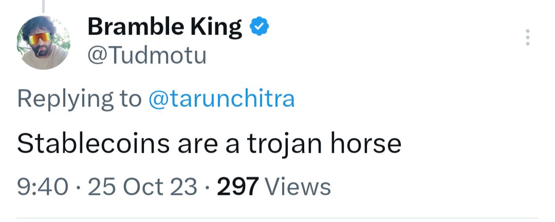 Screenshot of a tweet saying 'Stablecoins are a trojan horse'