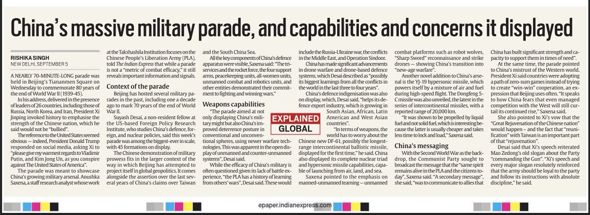 Anushka Saxena (@saxenaanushka_) on Twitter photo In conversation with <a href="/RishikaS_/">Rishika Singh</a> for her <a href="/IndianExpress/">The Indian Express</a> story on the Sept. 3 military parade in Beijing, I share a few cents on what novel formations and equipment were put on display, and what the message sent to heads of state attending the event was.
Read the full story: In conversation with <a href="/RishikaS_/">Rishika Singh</a> for her <a href="/IndianExpress/">The Indian Express</a> story on the Sept. 3 military parade in Beijing, I share a few cents on what novel formations and equipment were put on display, and what the message sent to heads of state attending the event was.
Read the full story: