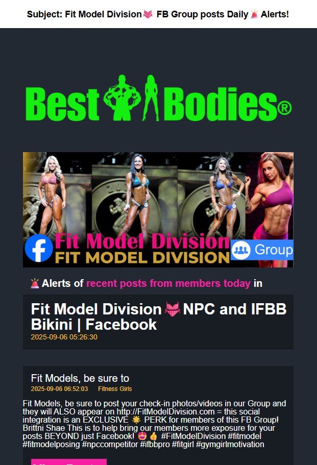 BBSuppsPlus's tweet image. Are you loving our Fit Model Division FB Group? Be sure you don&apos;t miss a post! NEW🌟Perk coming Monday - Group Daily RECAP emails! 🚨
Click here bestbodies.fit/p/subscribe
Sub to see all members&apos; posts in your email, regardless if Facebook hides them. Peep the email preview now!