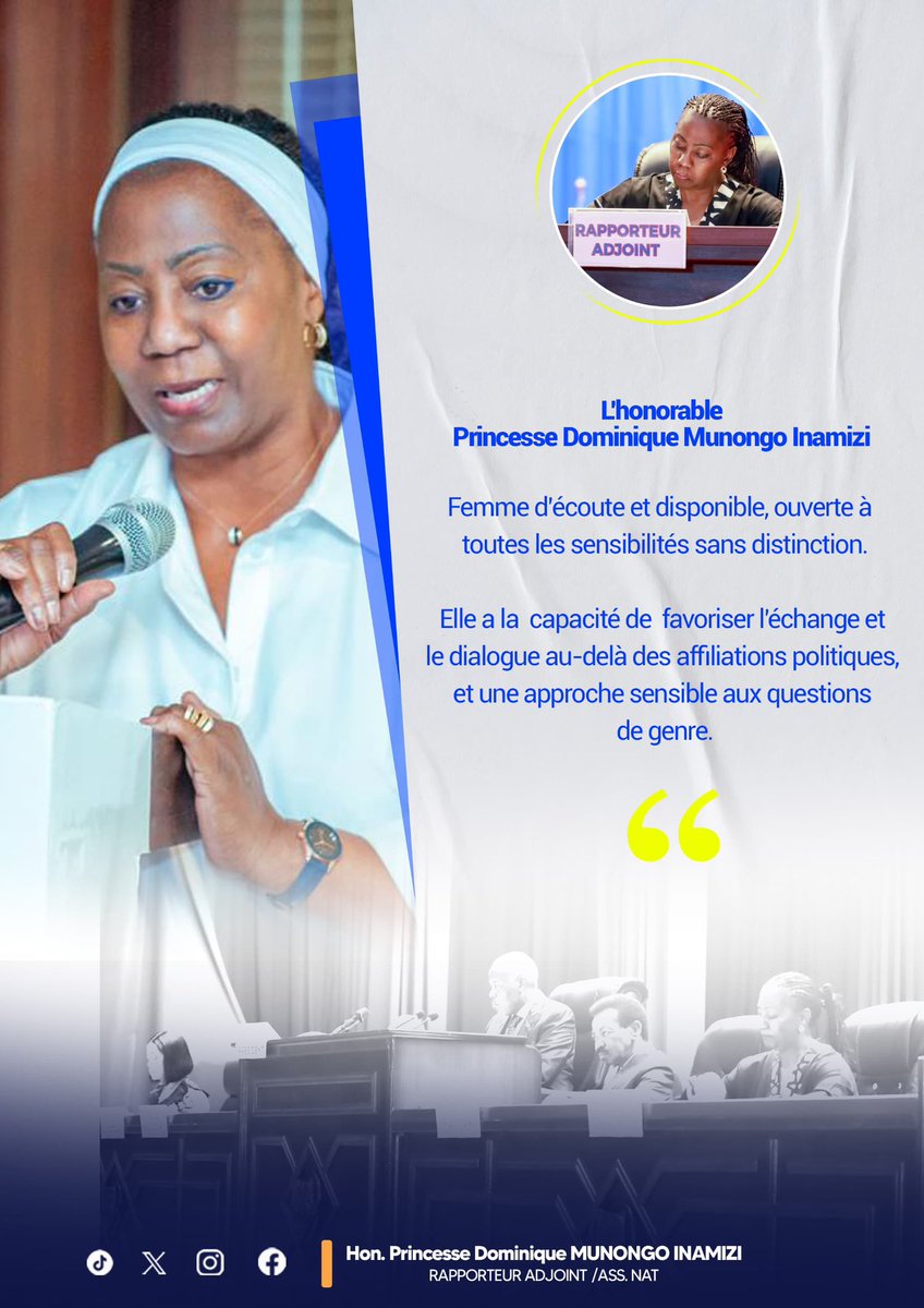 L’hon. Dominique Munongo Inamizi Femme d’écoute et disponible,ouverte à  toutes les sensibilités sans distinction.

Elle a la capacité de favoriser l'échange et le dialogue au-delà des affiliations politiques, et une approche sensible aux questions de genre.