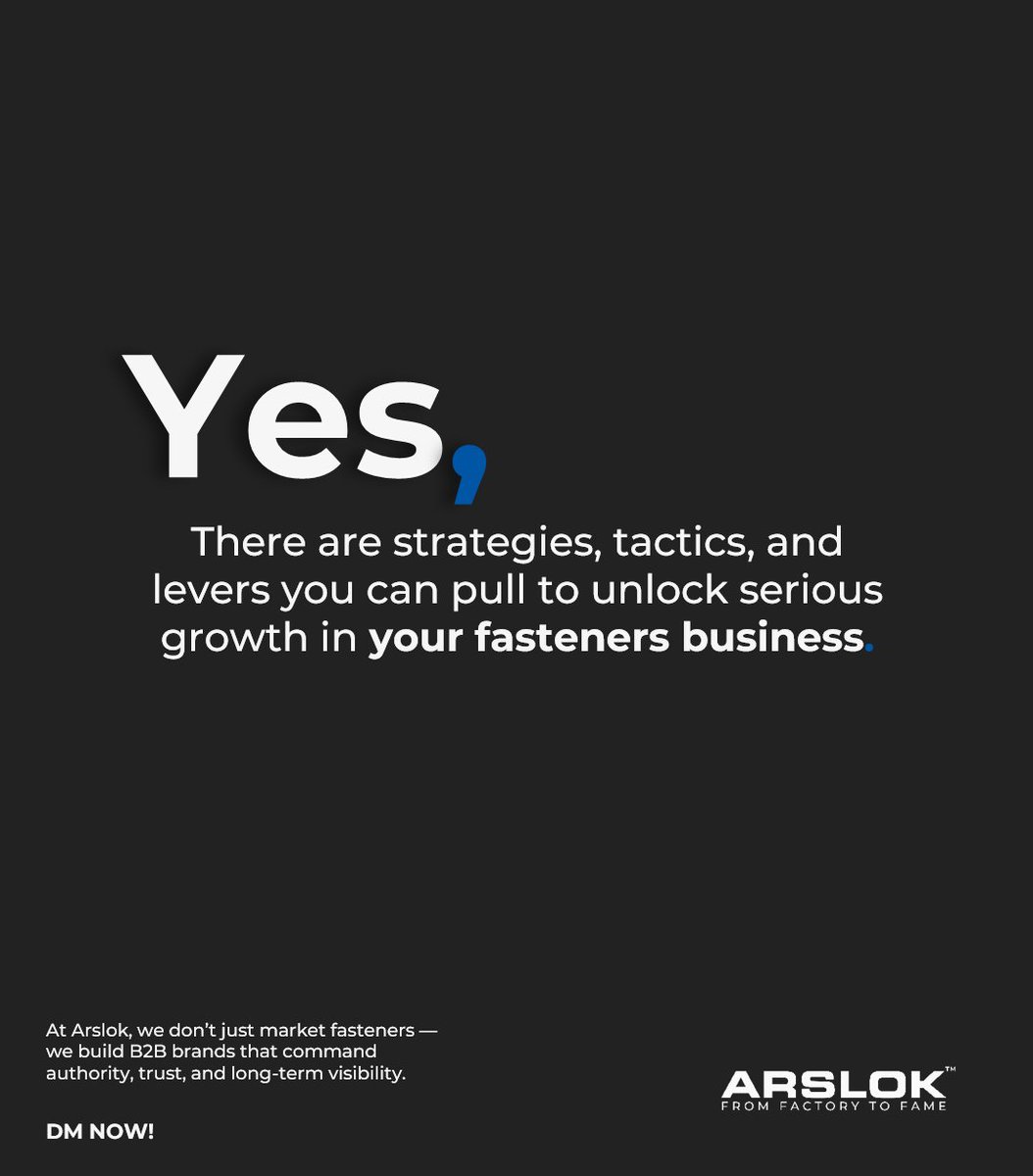 Arslok's tweet photo. At Arslok, we don’t just market fasteners — we build B2B brands that command authority, trust, and long-term visibility. \
India’s #1 Ultra-Lean B2B Marketing Partner for Fastener &amp; Industrial Manufacturers.

📧 connect@arslok.in

🌐 https://t.co/TryNBsycPN

#Fasteners #Arslok https://t.co/gggKthO5FM