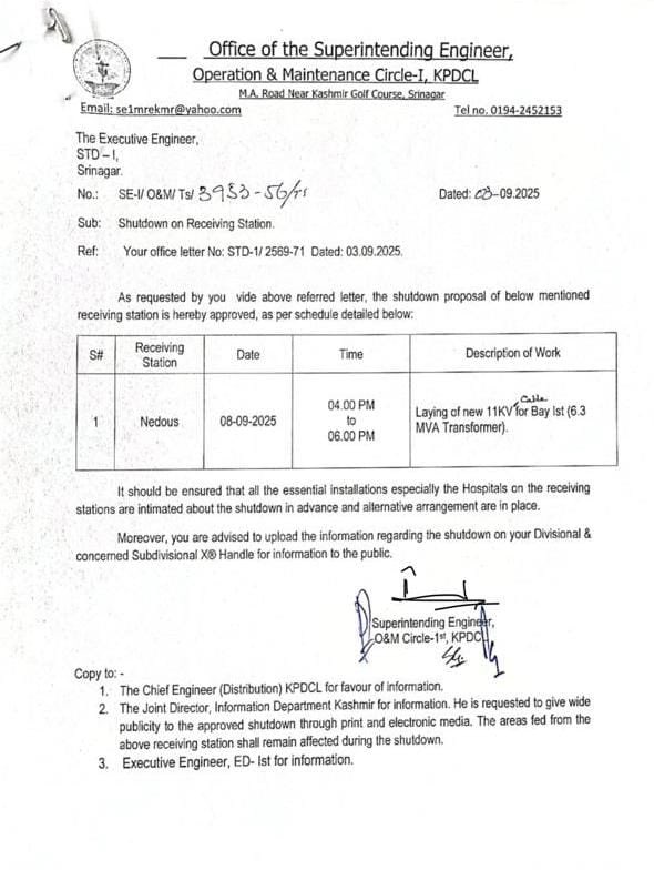 Power shutdown <a href="/kpdcloffice/">Kashmir Power Distribution Corporation Limited</a> <a href="/cekpdcl/">CHIEF ENGINEER, DISTRIBUTION, KPDCL(PDD)</a> <a href="/XEd1st/">ED1st KPDCL</a> <a href="/XEN_EDIV_KPDCL/">Electric Division-IV, Khanyar (KPDCL)</a> <a href="/std_ist/">Sub-Transmission Division, 1st (KPDCL) PDD,Bemina</a>