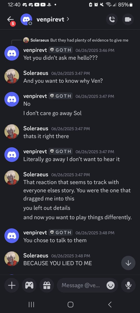 SolBlackseed's tweet photo. One fucking thing. I asked you to do one fucking thing @venpireVT. And that's not to let me see you doing this shit again. 

Well fuck it, ashe don't feel bad she does this shit to everyone. This bitch is constantly trying to isolate people and gaslight them. 

Manipulation is the only fucking thing she knows. He rap sheet is long as fuck as I had to do some investigation but she is nothing but poison.

@/DragonBoy_VA_ 
@/ObsidiankitsuVT 
@/RoseProfane 
@/ColeAmbroseASMR 
@/itsmisasoup 
@/NaikonpakuDGM 

Just a segment of an ever growing list of people who's communities she came into and did this same shit too. 

Venpire, what is your issue? Why do you keep doing this knowing that the outcome is going to end up the same? When confronted with the truth and someone that refuses to be manipulated you get defensive. "I didn't ask you to do that" than maybe you shouldn't have tried to pin me against DragonboyVA. 

I was going to remain silent, but seeing as you keep doing this shit to other people, fuck that. You need to be called out. People need to know about your bullshit cause YOU WONT STOP DOING IT OTHERWISE!!!!! 

And the thing that pisses me off the most. Is that @/LeahRemini asked me to not blast you. He cares about you enough to not cover your ass but try to maintain the peace. To worry about your mental health enough to ask me what I was already planning to do. 

Keep in mind I was ready to tell him to eat shit if he tried be like "oh just forgive her". No this man had enough decency to not down play your actions but try to look out for you.

This needs to stop or you need to leave Vtubing Venpire.