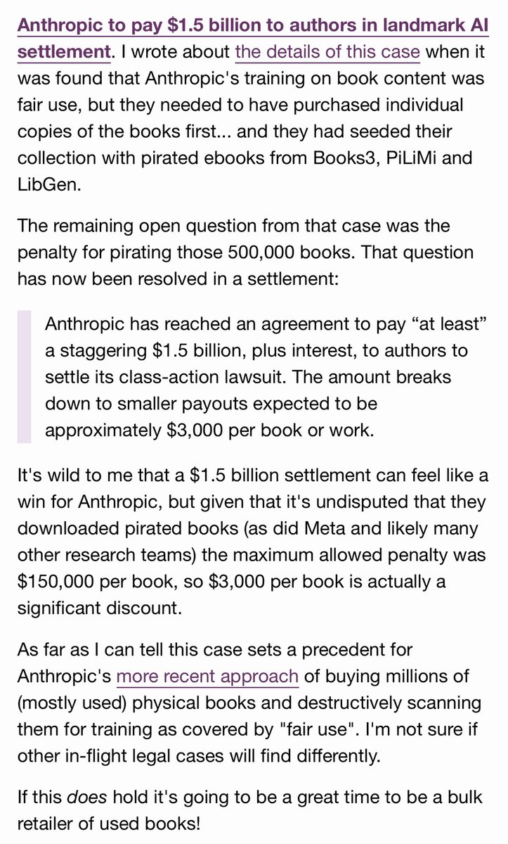 Simon Willison (@simonw) on Twitter photo Am I the only person who thinks this $1.5bn Anthropic books settlement counts as a win for Anthropic? Am I the only person who thinks this $1.5bn Anthropic books settlement counts as a win for Anthropic?