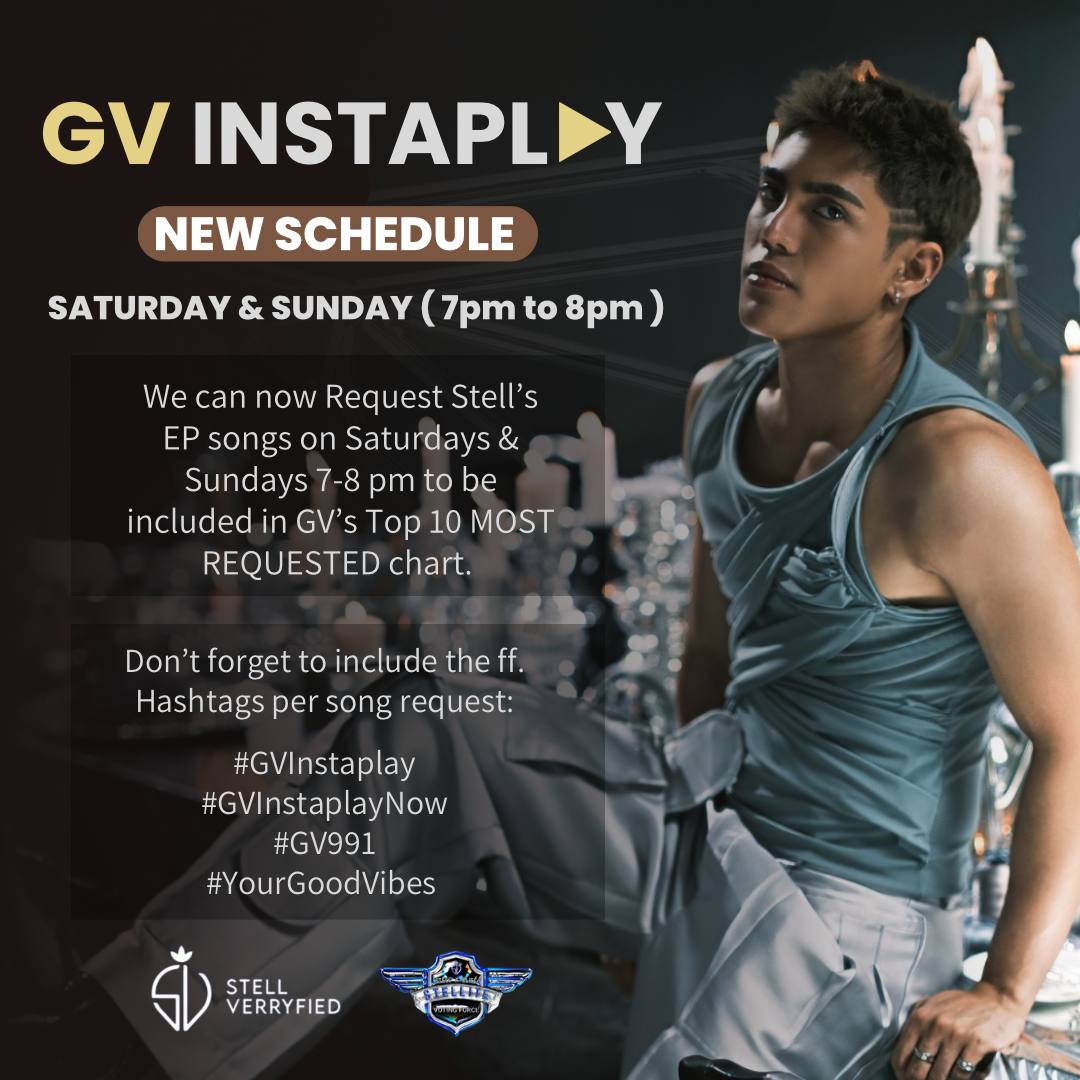 Hey Berries and Atin! We can now Request Stell’s EP songs on Saturdays &amp; Sundays 7-8 pm to be included in GV’s Top 10 MOST REQUESTED chart.

Don’t forget to include the ff. Hashtags per song request:
#GVInstaplay
#GVInstaplayNow
#GV991
#YourGoodVibes

<a href="/stellajero_/">Stell Ajero</a> #Stell