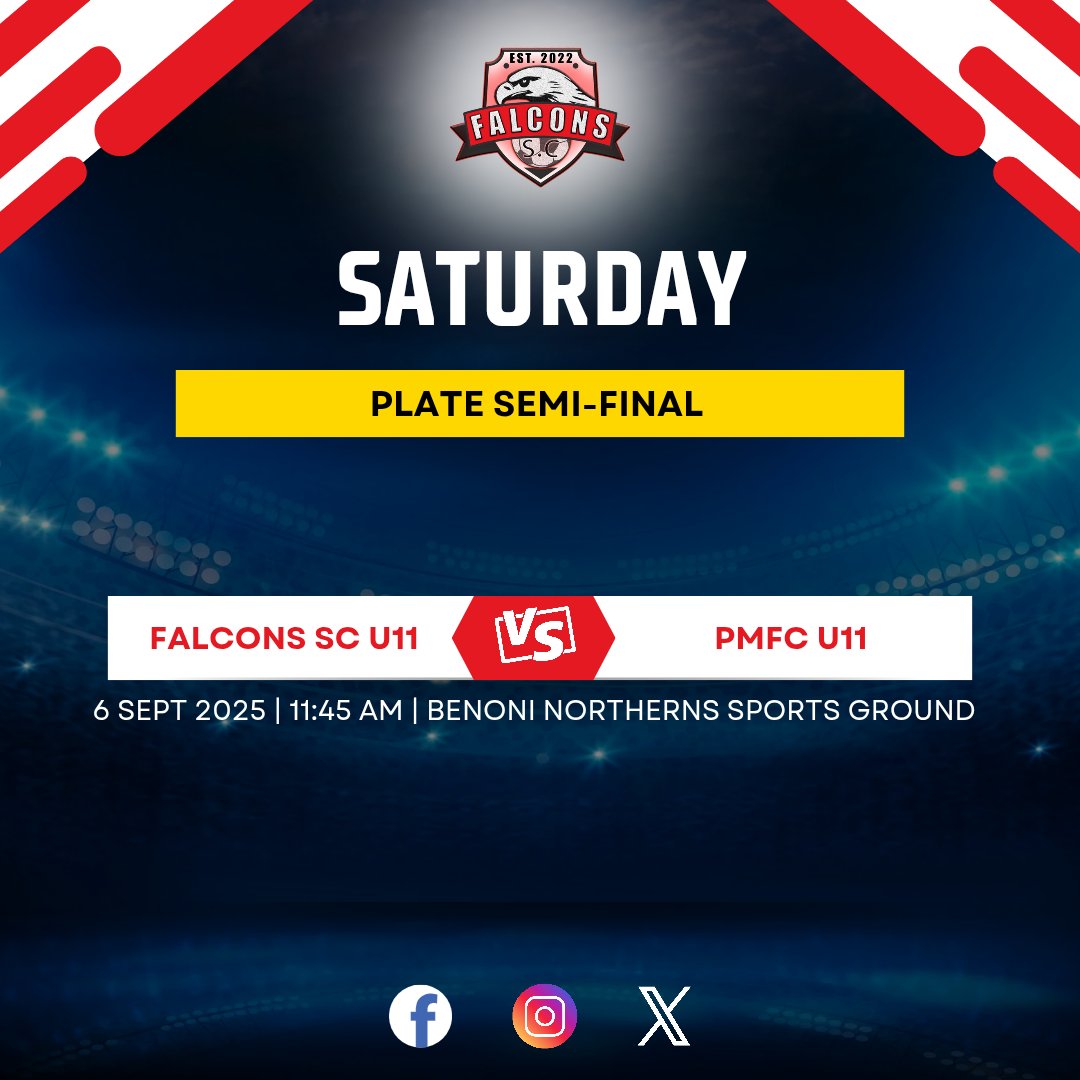 FalconsSC's tweet photo. Our Falcons U11s have soared through the season. Now it all comes down to this.  

🆚 PMFC U11  
📍 Benoni Northerns Sports Ground

Let’s pack the stands, raise the volume, and show our young Falcons what true support looks like 🔥

#U11SemiFinal #PlateSemiFinal #PMFC #FalconsSC https://t.co/B6fFfF4DfC
