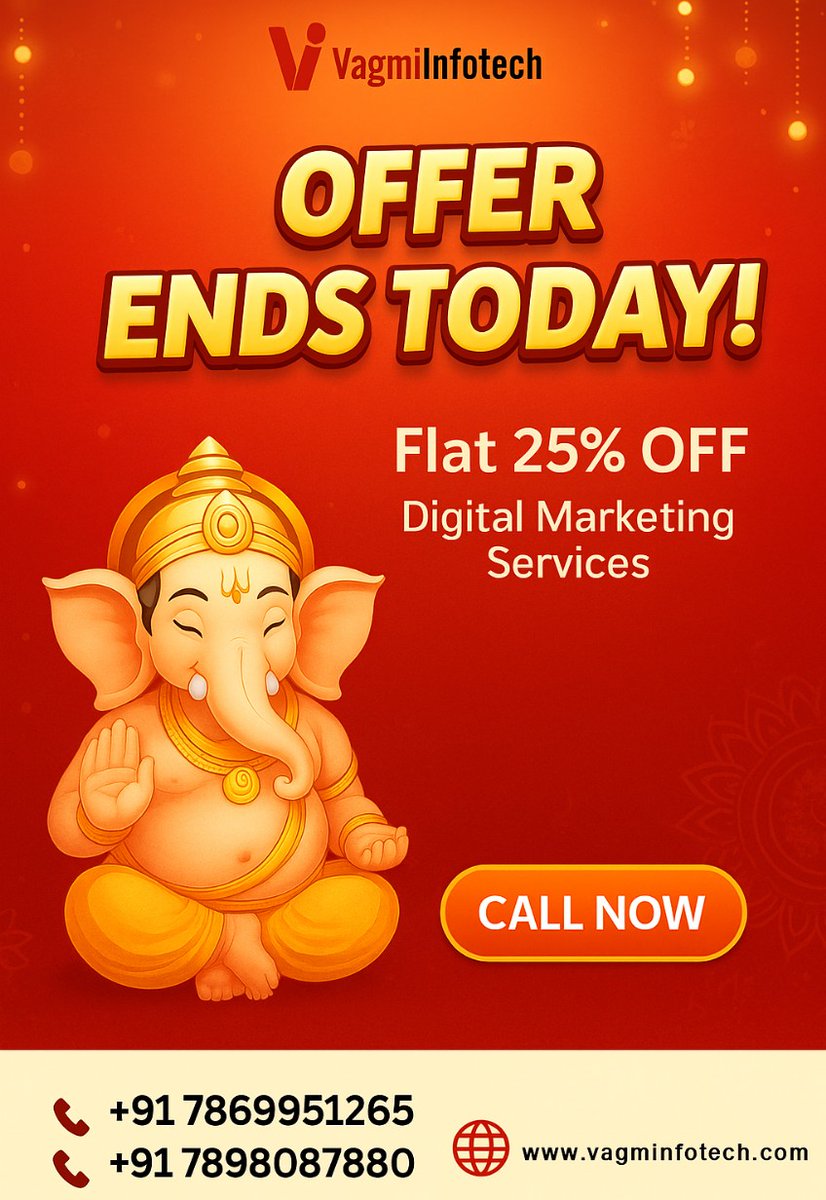 VagmiServices's tweet photo. ✨ Offer Ends Today – Flat 25% OFF ✨

🚀 Boost your brand visibility with premium Digital Marketing Services.
✅ Flat 25% OFF – Only for today!

👉 Call Now | Don’t Miss Out!
#DigitalMarketing #MarketingOffer #GaneshChaturthiSpecial #BusinessGrowth #OnlineMarketing https://t.co/4L3yYrM92v