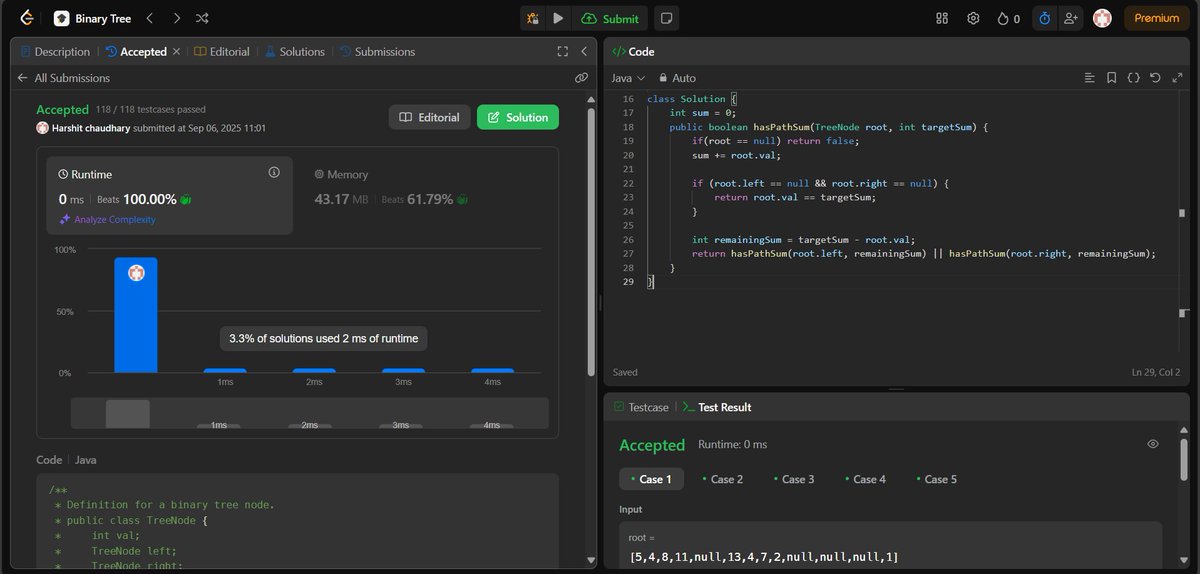 cha84587's tweet image. Today solve 2 problems on Leet Code  

1.[404] Sum of Left Leaves
2.[112] Path Sum

#DSA #binarytree #java #coding #ProblemSolving