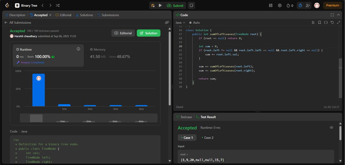 cha84587's tweet image. Today solve 2 problems on Leet Code  

1.[404] Sum of Left Leaves
2.[112] Path Sum

#DSA #binarytree #java #coding #ProblemSolving