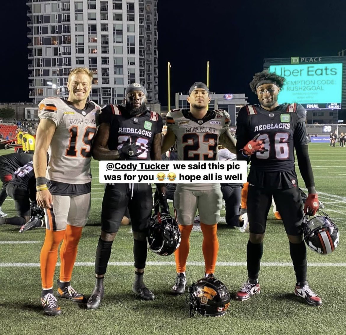 Here are some familiar faces: Former Cowboys Ayden Eberhardt (from left), Robert Priester, Cam Stone and CJ Coldon. Eberhardt and Stone play for the British Columbia Lions of the Canadian Football League. Priester and Coldon are on the Ottawa RedBlacks.