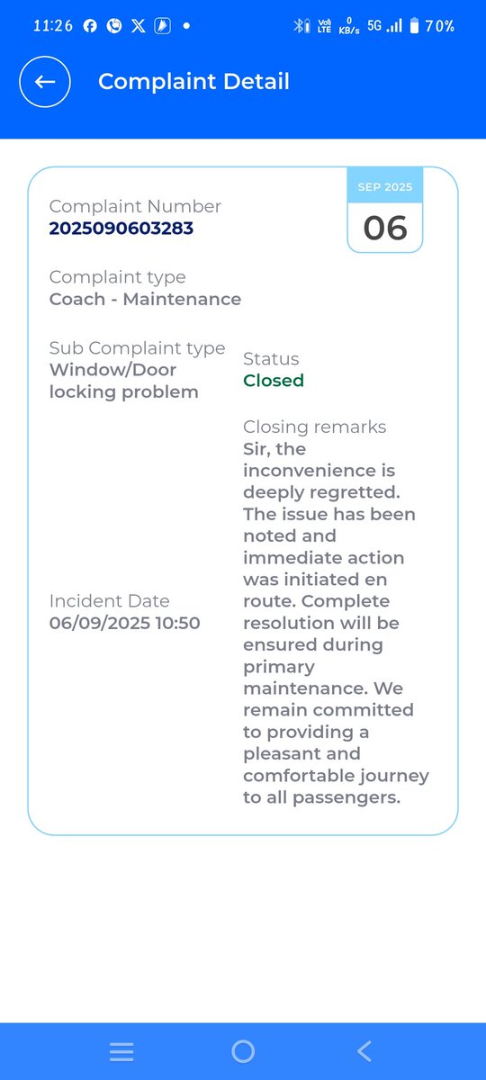 pranavrsspatel's tweet image. रेलवे में कम्प्लेन करने पर 3 फोन आ गये फिर अंत मे बोला वस्तुको आगे के स्टेशन पर ठीक करता हु बाद में मेसेज आया कम्प्लेन बंध कर दिया। यही कर्मचारी सरकार को बदनाम कर रहे है कृपया @AshwiniVaishnaw @WesternRly @RailwaySeva संज्ञान ले।