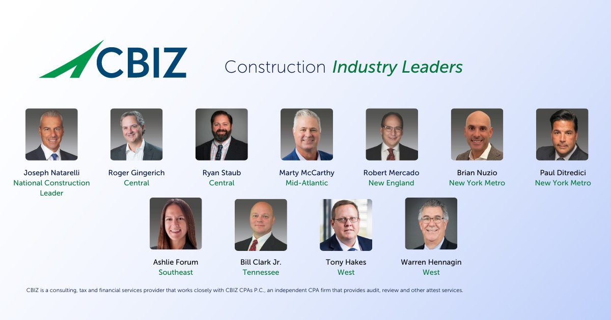 JoeNatarelli's tweet image. Meet the powerhouse behind @cbz Construction! Our regional leaders combine local insight &amp;amp; national expertise to support contractors &amp;amp; A/E firms nationwide. Wherever your project is, CBIZ experts have you covered. 👷‍♂️ #CBIZConstruction #Leadership #IndustryExperts