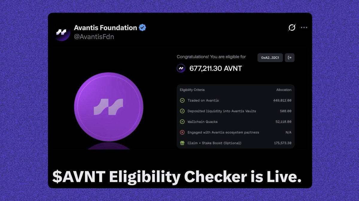 its_airdrop's tweet photo. 🪂 @avantisfi airdrop checker live!

• 65K wallets eligible
• 12.5% supply allocated to airdrop

🔗Link: https://t.co/pCDdnIFCbk

Claim will be live on 9th Sept [2 pm UTC]

Allocation:
- Traders: 8.76%
- Liquidity Provider: 2.19%
- Quakers: 0.2%
- Eco partners: 1.35% https://t.co/bqawo4pj6P