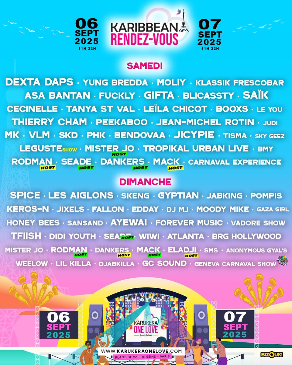 Let’s go ! 🔥
Ouverture des portes 11h ! 
Mise à jour de la programmation jour par jour ! 👀 Ouvrez bien les yeux !

🎟️ Derniers tickets en ligne >> linktr.ee/karukeraonelove