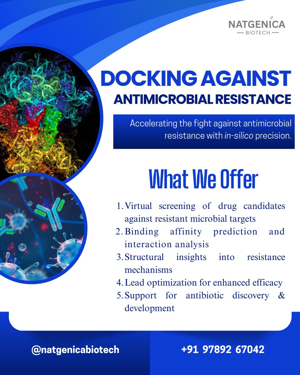🚀 Transforming the fight against Antimicrobial Resistance (AMR) with the power of in-silico precision docking. 
.
.

#AntimicrobialResistance #DrugDiscoveryInnovation #InSilicoDocking #NatgenicaBiotech #FutureOfMedicine #MolecularDocking #ComputationalBiology