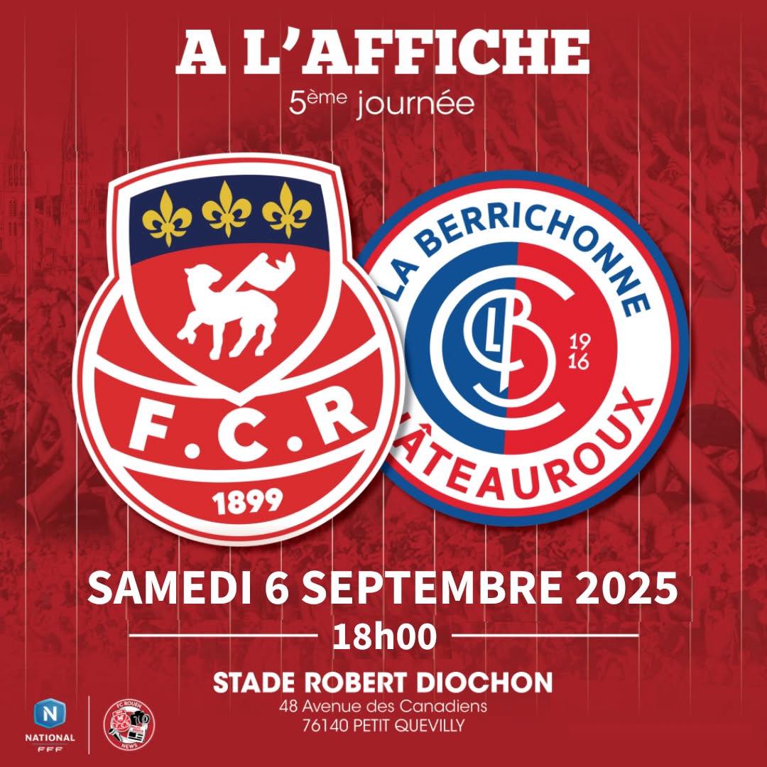 📆 𝗟𝗮 𝗽𝗿𝗲𝗺𝗶𝗲̀𝗿𝗲 𝗮𝘃𝗲𝗰 𝗻𝗼𝘀 𝘀𝘂𝗽𝗽𝗼𝗿𝘁𝗲𝗿𝘀. Le FC Rouen reçoit Châteauroux dans son antre du stade Robert-Diochon. 𝗔𝗹𝗹𝗲𝘇 𝗥𝗼𝘂𝗲𝗻 ! 💪🔴⚪

🏆 | 5ème journée National
🏟️ | Stade Robert-Diochon 
📺 | Youtube 
📳 | #FCRLBC
 
#TeamFCR #Rouen #Normandie