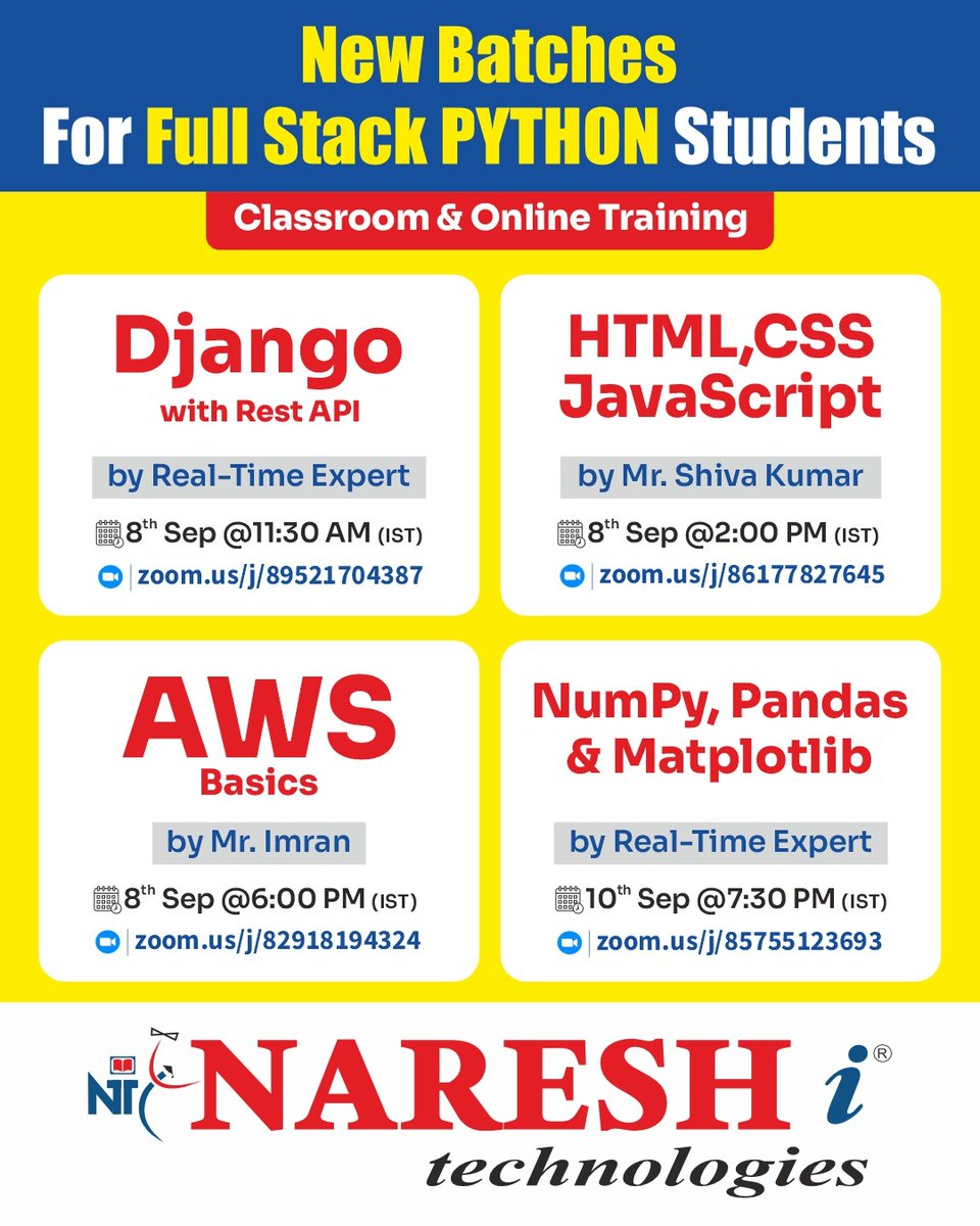 nareshitech's tweet image. 🚀 New Batches for Full Stack Python Students!
✍️For Register : linktr.ee/nareshitech

Learn from Real-Time Experts with Classroom &amp;amp; Online Training at Naresh i Technologies.

#FullStack #PythonTraining #FullStackPython #Django #AWS #HTML #CSS #Javascript #DataScienceTools