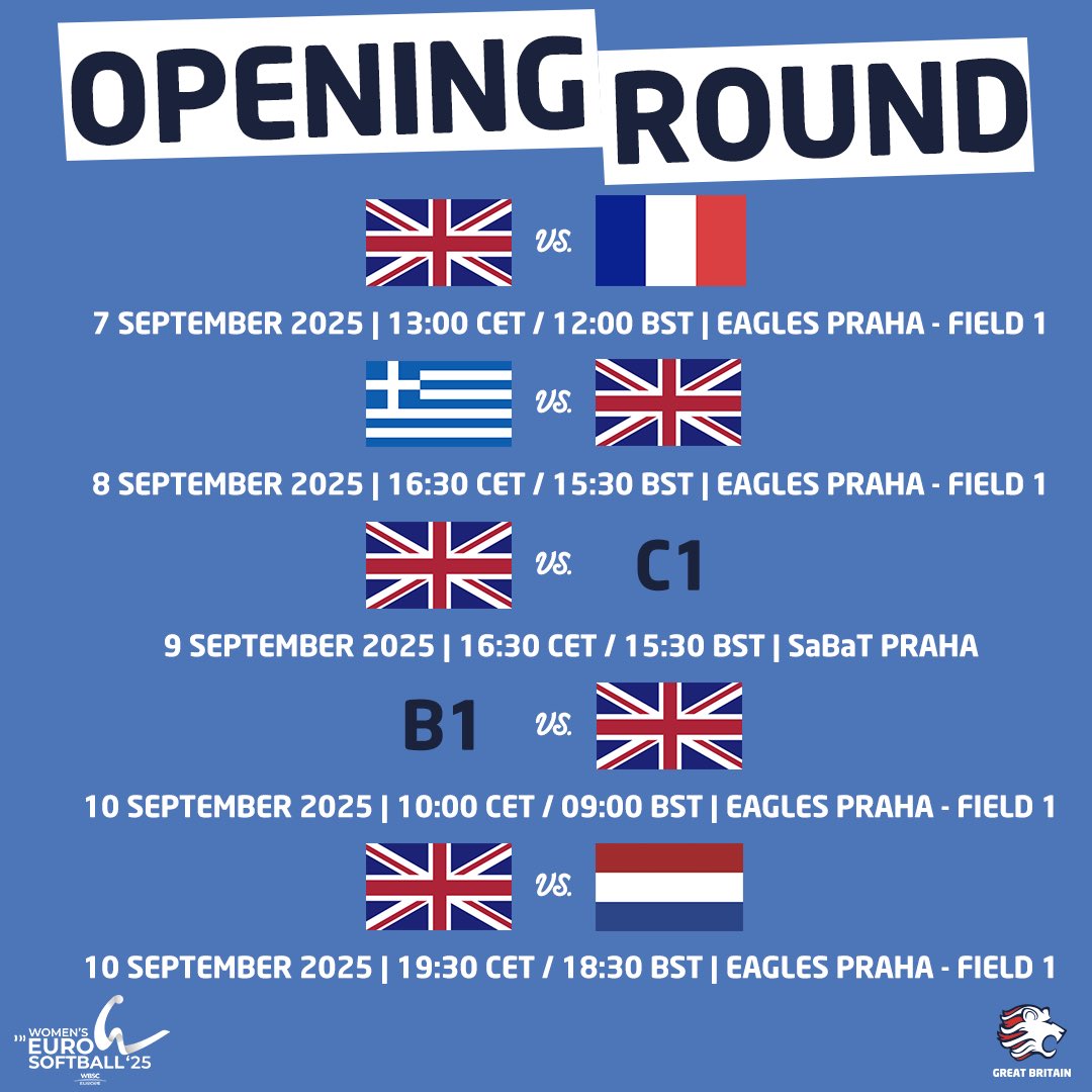 Here’s our Opening Round schedule in Pool Y at the 2025 European Softball Championships!

📺 Watch every game on BaseballEurope.TV

 🇬🇧🥎🦁 #LetsGoGB #EuroSoftball25