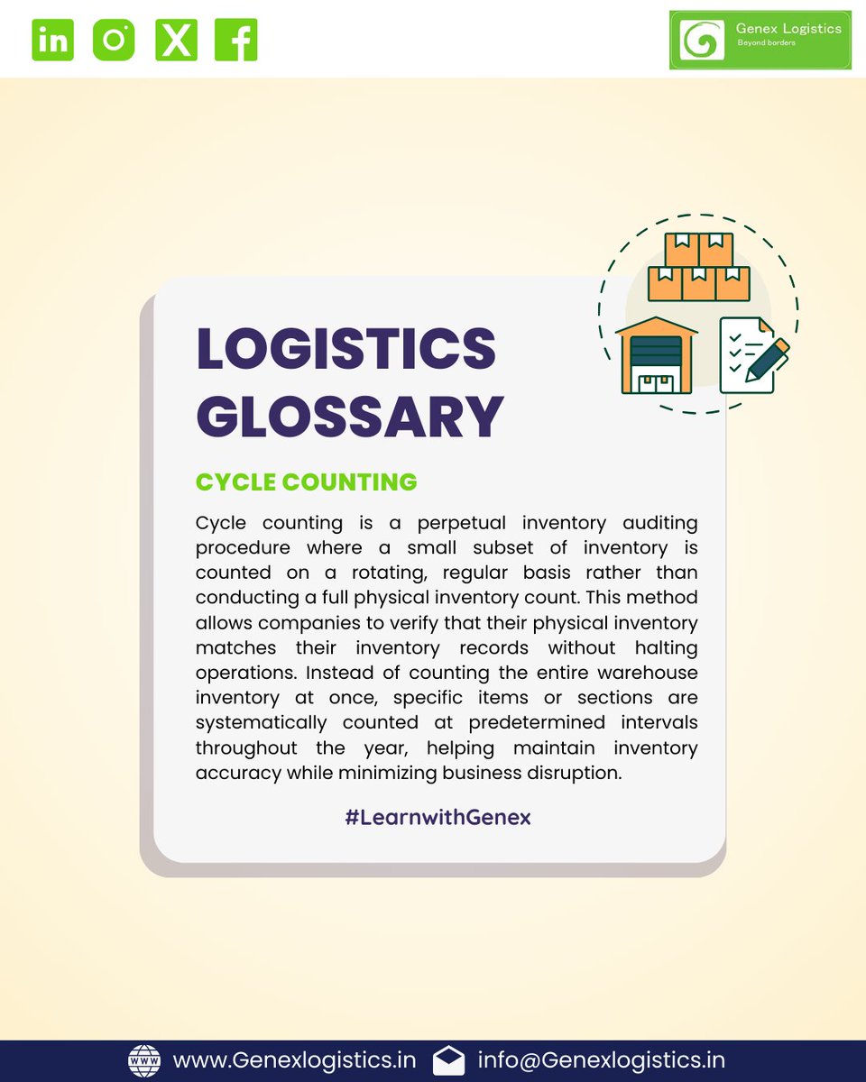 GenexLogistics's tweet photo. Today's Term: Cycle Counting Smart inventory management = early discrepancy detection + reduced carrying costs + improved supply chain reliability. Share your cycle counting wins below!
.
#LearnwithGenex #WarehouseOperations #SupplyChainOptimization https://t.co/nY9Q7aEEmH