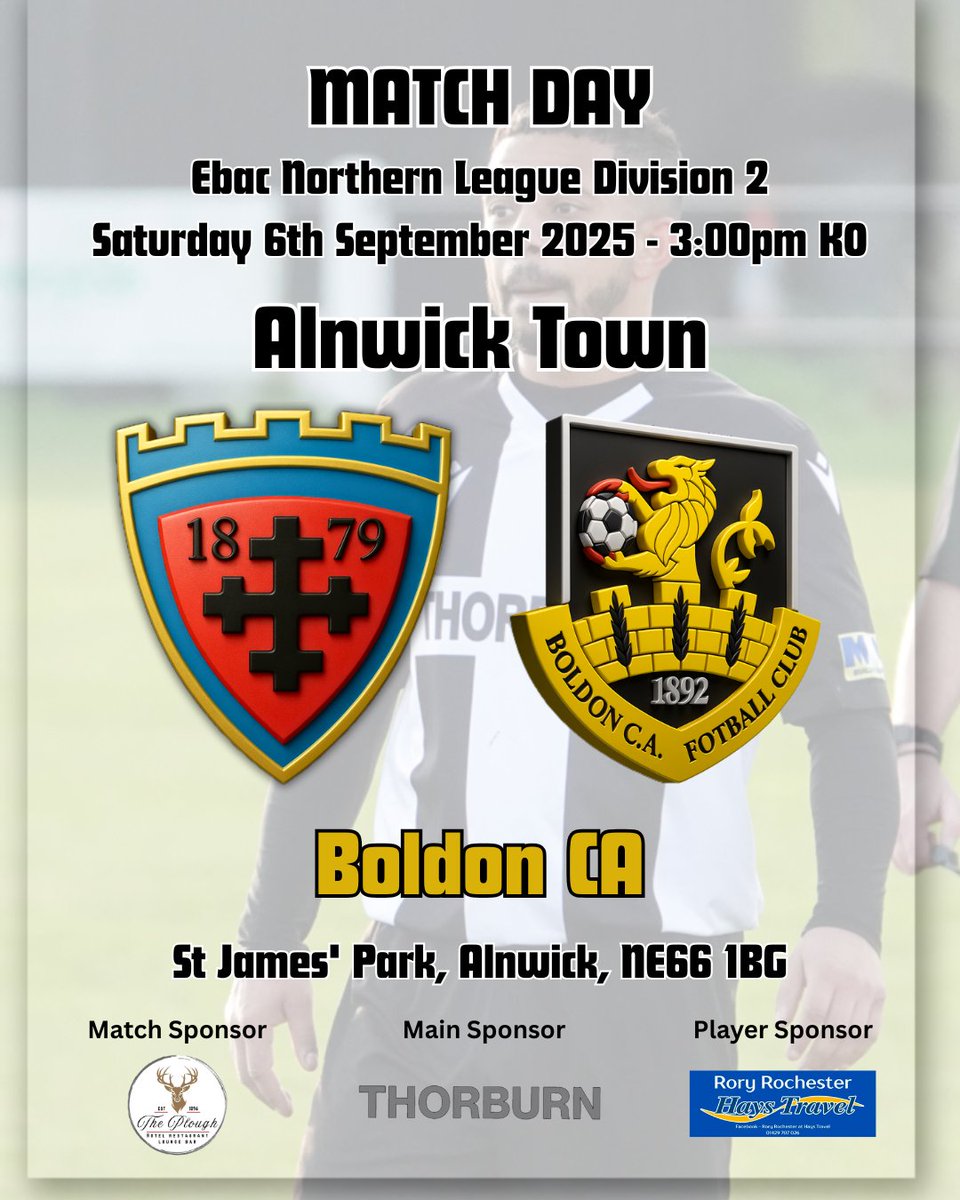 ⚽ Match Day
🏆 <a href="/EbacNorthernLge/">Ebac Northern Football League</a> Division 2
🆚 <a href="/CABoldon/">Boldon CA FC</a> 
🕒 3pm KO
🏟️ St James' Park, NE66 1BG 

Main Sponsor - <a href="/ThorburnbrosLtd/">@ThorburnBros</a> 
Match Sponsor - The Plough Alnwick
Player Sponsor - <a href="/HaysTravel/">Hays Travel</a> 

Haway The Wick! ⬛⬜
