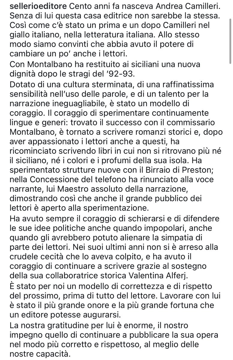 Cento anni fa nasceva Andrea #Camilleri. Senza di lui questa casa editrice non sarebbe la stessa. 
Così come c’è stato un prima e un dopo Camilleri nel giallo italiano, nella letteratura italiana.
[continua nel post]