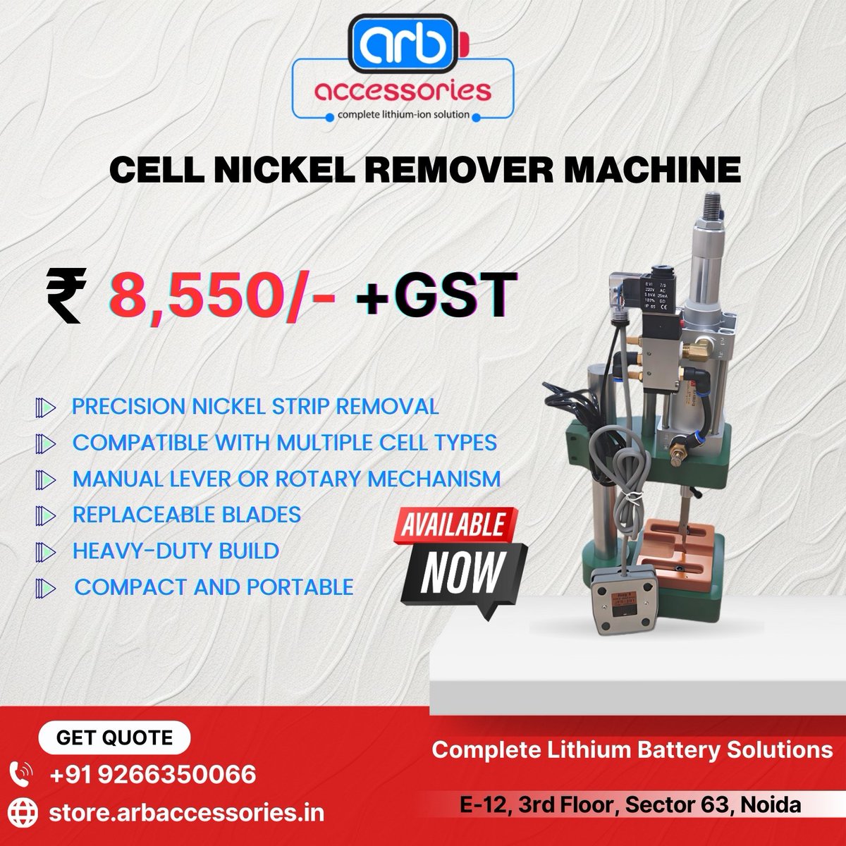 arb_ltd's tweet image. ⚡ CELL NICKEL REMOVER MACHINE ⚡

 🛒 Buy Now 👉store.arbaccessories.in/category/nicke…

#ARBaccessories #BatteryTools #NickelRemover #BatteryRepair #EVBattery #CellMaintenance #BatteryRefurbishing #EVParts #BatteryPack