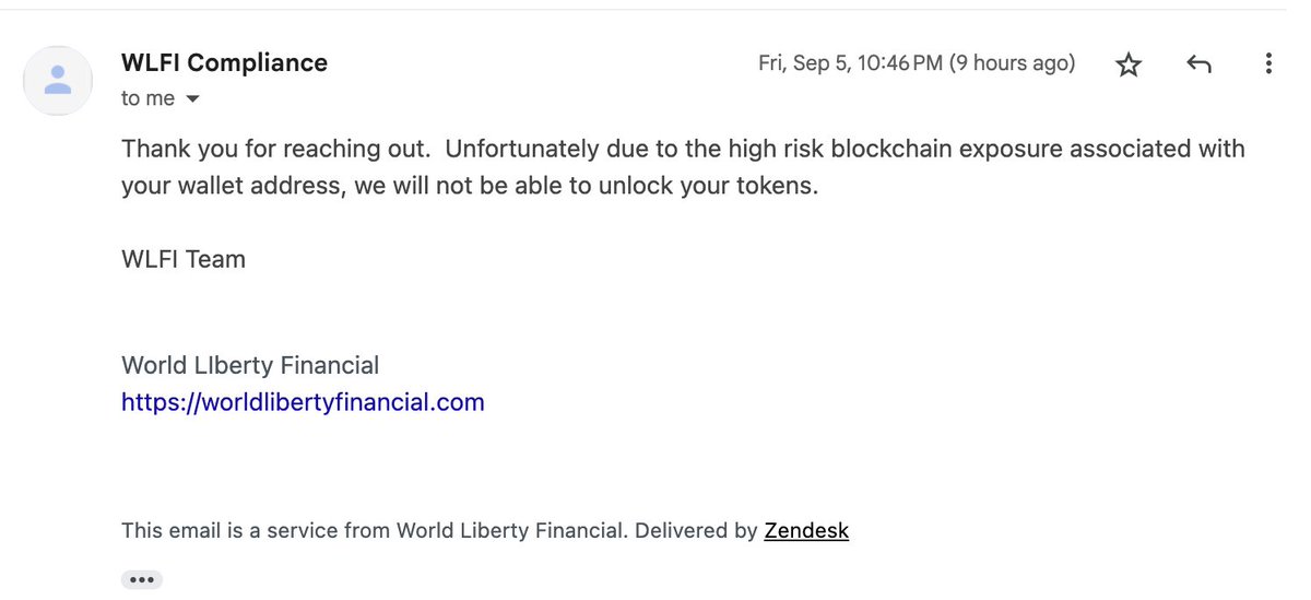 Bruno.eth (build/ing) (@bitfalls) on Twitter photo I just got a reply from <a href="/worldlibertyfi/">WLFI</a>. TLDR is, they stole my money, and because it's the <a href="/POTUS/">President Donald J. Trump</a> family, I can't do anything about it.
This is the new age mafia. There is no one to complain to, no one to argue with, no one to sue. It just... is.
<a href="/zachxbt/">ZachXBT</a> THIS is the scam of I just got a reply from <a href="/worldlibertyfi/">WLFI</a>. TLDR is, they stole my money, and because it's the <a href="/POTUS/">President Donald J. Trump</a> family, I can't do anything about it.
This is the new age mafia. There is no one to complain to, no one to argue with, no one to sue. It just... is.
<a href="/zachxbt/">ZachXBT</a> THIS is the scam of