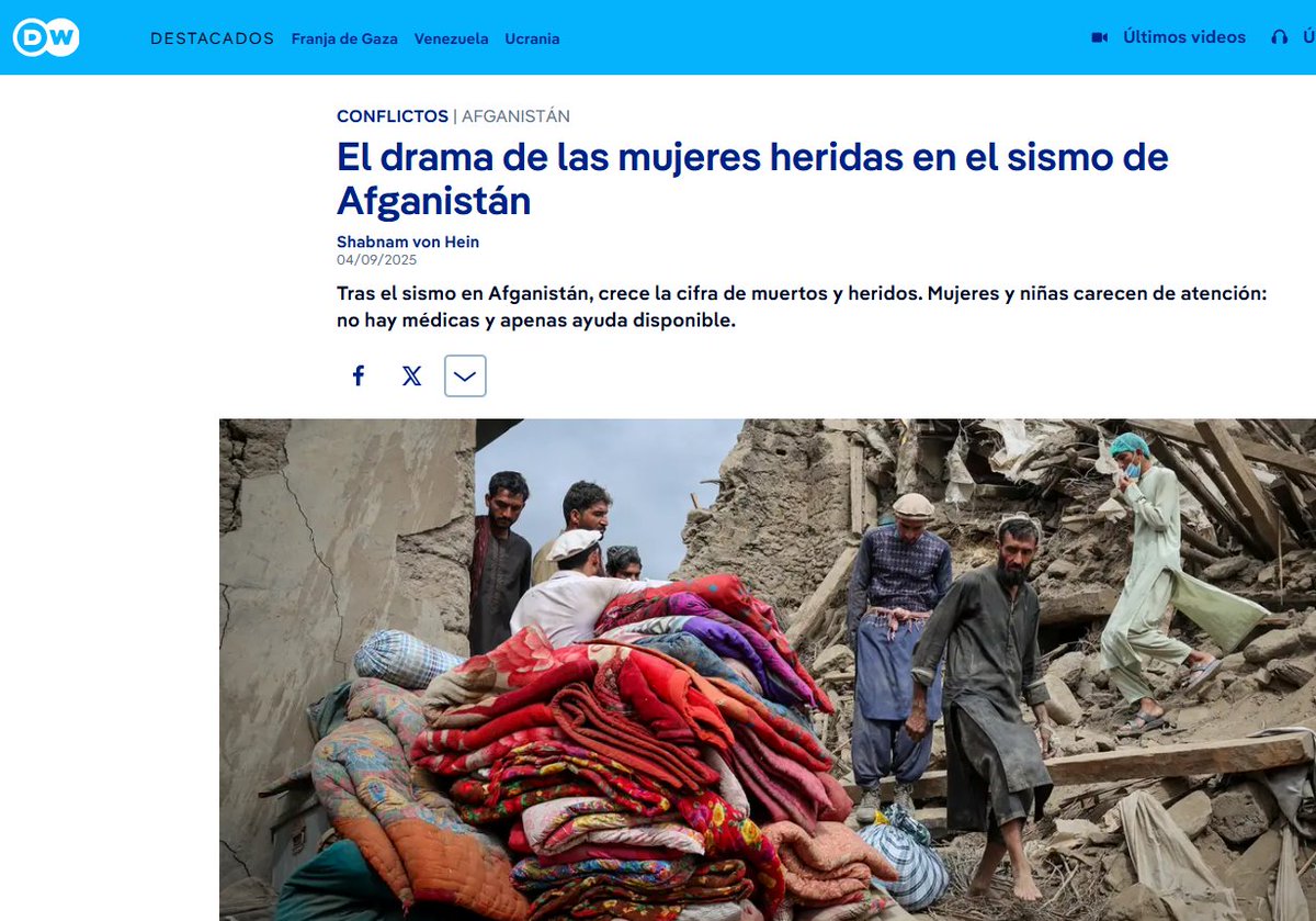 La paradoja de llevar ayuda humanitaria a donde no hay humanidad 😢.

DW, el servicio de radiodifusión internacional de Alemania, publica: “El drama de las mujeres heridas en el sismo de Afganistán”.
"Los hombres de la familia no permiten que mujeres o niñas sean vistas por
