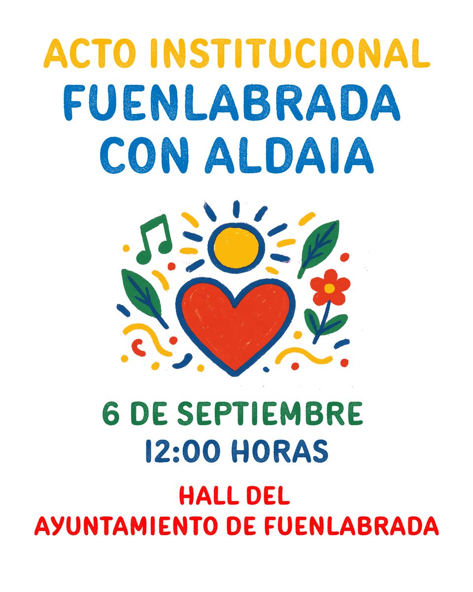 Buenos días Fuenlabrada. A las 12:00 h celebraremos el acto institucional “Fuenlabrada con Aldaia” en el hall del <a href="/AytoFuenlabrada/">Ayuntamiento de Fuenlabrada</a> 
Contaremos con la presencia del alcalde de Aldaia, <a href="/GuillermoLujan_/">Guillermo Luján - Alcalde d'Aldaia</a> , que firmará en el libro de honor del Ayuntamiento de Fuenlabrada.
Además, se
