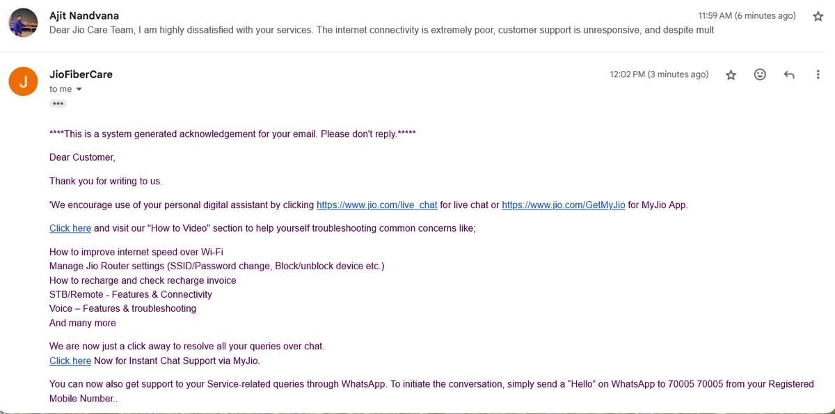 ajitnandvana's tweet photo. @JioCare Every Times, I only get auto-reply mails, no one actually looks at my complaint or responds to my issue. This is not customer care, it’s negligence. @jagograhakjago @TRAI https://t.co/U0ACsiT3yz