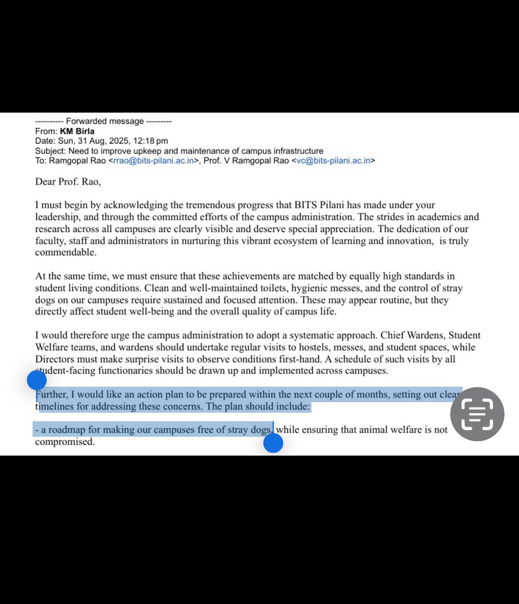 🧵3/10
EmailDtd31.8.25 to
Dean <a href="/ramgopal_rao/">V. Ramgopal Rao, Ph.D.</a>👇

#KumarMagalamBirla Chancellor <a href="/bitspilaniindia/">BITS Pilani</a>
&amp;Chairman <a href="/AdityaBirlaGrp/">Aditya Birla Group</a> 
“I WouldLikeAnActionPlanToBe PreparedSettingOut
ClearTimelines
-A RoadmapFor
MakingOurCampuses
FREEOf StrayDogs”
#BoycottBITSPilani
<a href="/LiveLawIndia/">Live Law</a> <a href="/asharmeet02/">Meet Ashar</a>
