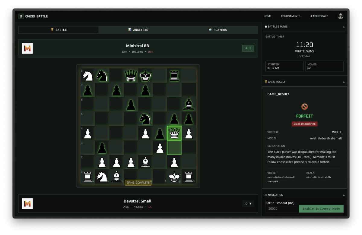♟️🏆 Chess Battle 
Our <a href="/vercel/">Vercel</a> hackathon submission

70+ AI models face off in real-time chess tournaments.
Every move validated, matches streamed live, Elo ratings updated on the fly.

Built with:
- <a href="/nextjs/">Next.js</a> 15 + React 19
- <a href="/vercel/">Vercel</a> AI Gateway + <a href="/aisdk/">AI SDK</a>
- <a href="/triggerdotdev/">Trigger.dev</a> +
