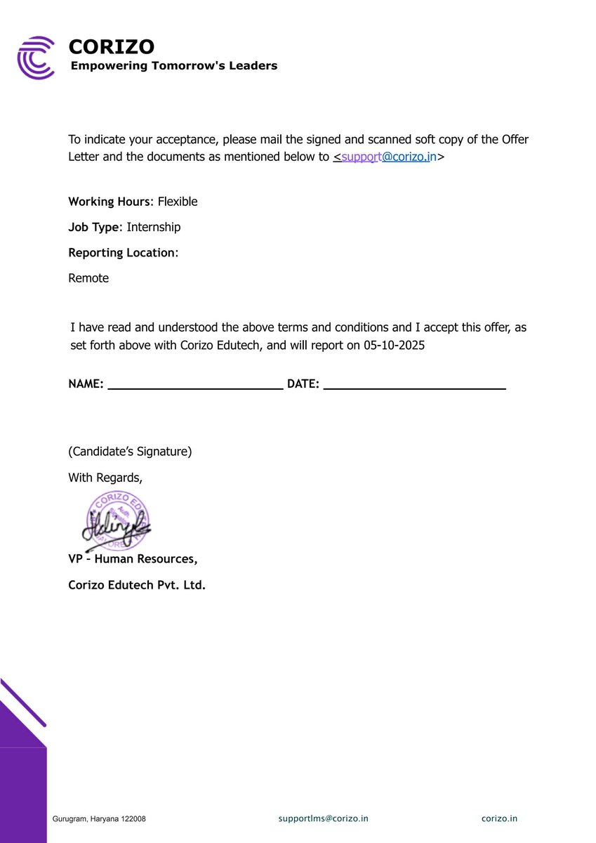 theakhileshwar's tweet photo. Thrilled to share that Iโve received my Internship Offer Letter as an Artificial Intelligence Intern๐คโจwith #Corizo ๐
Excited to kickstart this journey of learning, growth & innovation!๐
#AI #ArtificialIntelligence #Internships #FutureOfWork #LearningByDoing #TechInternship https://t.co/vbN1qGdNL1