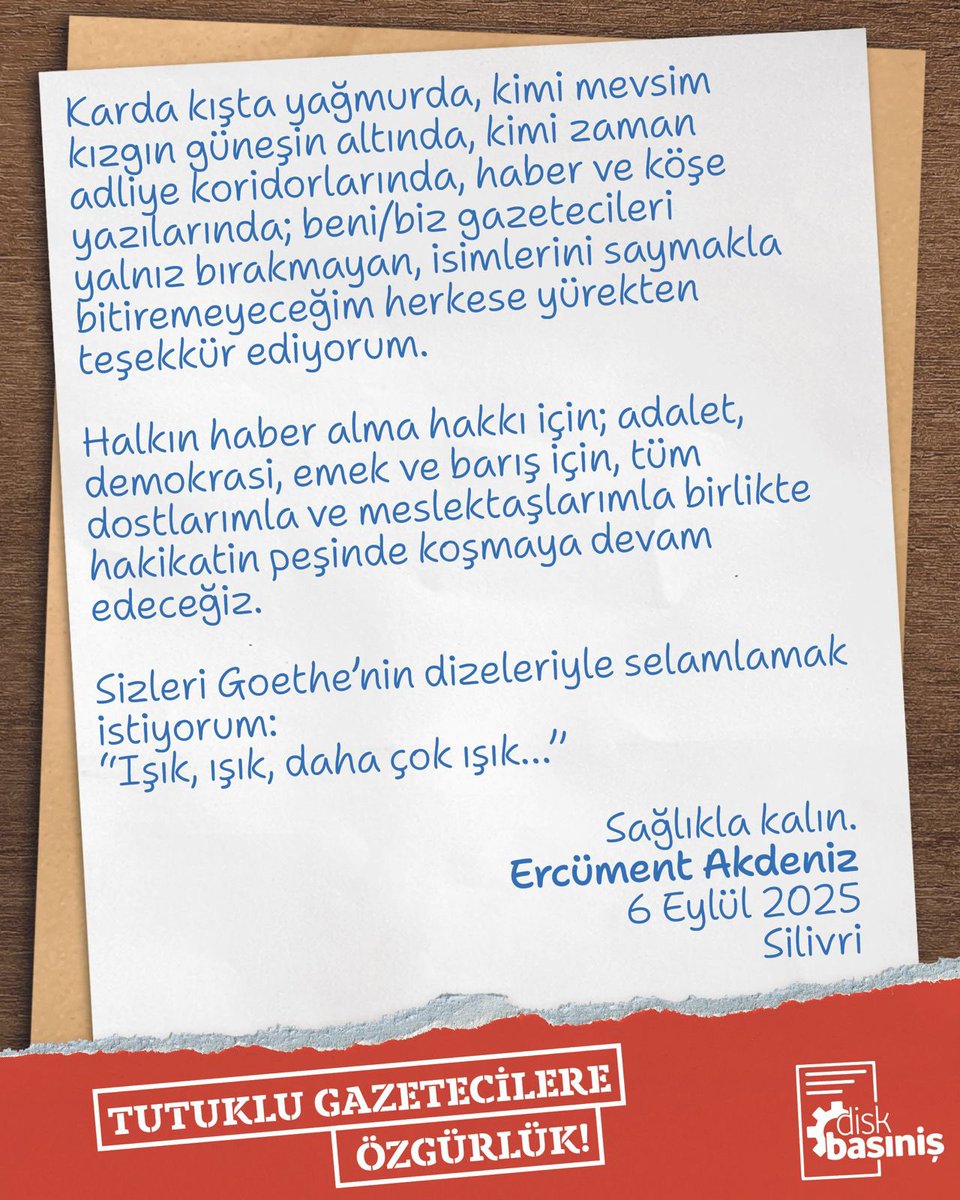 Üyemiz, Gazeteci Ercüment Akdeniz barış, emek ve demokrasi mücadelesine verdiği katkılar nedeniyle tam 2️⃣0️⃣0️⃣ gündür hapiste!

✉️Tutuklu yargılanması için yeterli delil bulunmayan, kaçma şüphesi olmayan Ercüment Akdeniz, hapsedildiği Silivri Cezaevi’nden sesleniyor👇🏽

ÜÇ MEVSİM,