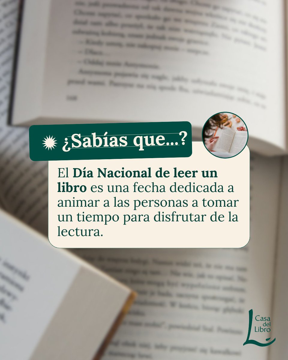 Hoy celebramos el #DíaNacionaldeLeerunLibro.

Un recordatorio para hacer una pausa, abrir una historia y dejar que sus páginas nos acompañen. 💚

👉 Cuéntanos: ¿qué libro estás leyendo ahora mismo?
