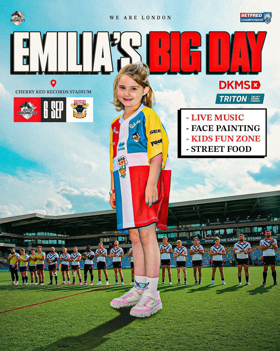 ❤️ PLEASE LIKE, RETWEET, SHARE 🙏 

The day has arrived. #EmiliasBigDay, <a href="/LondonBroncosRL/">London Broncos</a> 🆚 <a href="/OfficialBullsRL/">Bradford Bulls</a>. 

Would be great to see as many people there as possible. 

If you can’t make it but want to contribute, there’s a <a href="/gofundme/">GoFundMe</a> link in the first reply.