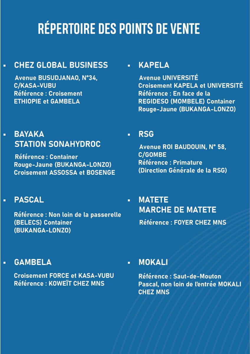 POINTS DE VENTE DISPONIBLES

Pour vous procurer de la farine de maïs 🌽 de 25 kg à seulement 35 000 FC, rendez-vous dans nos différents points de vente de la Réserve Stratégique Générale. Ne manquez pas cette offre !

 #FarineDeMaïs #RéserveStratégique