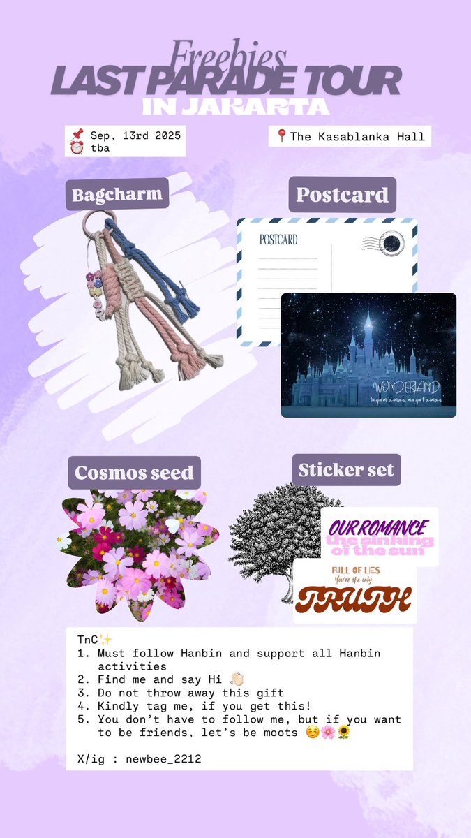 newbee_2212's tweet image. ✨FREEBIES ✨
🌸B.I The Last Parade Tour in Jakarta🌸

📍The Kasablanka Hall
📌 Saturday, 13 September 2025
⏰ tba

Kindly like and retweet ya 💗
See you there …… 🌻👋🏻

#TheLastParadeinJakarta
#BI #Hanbin #Wonderland