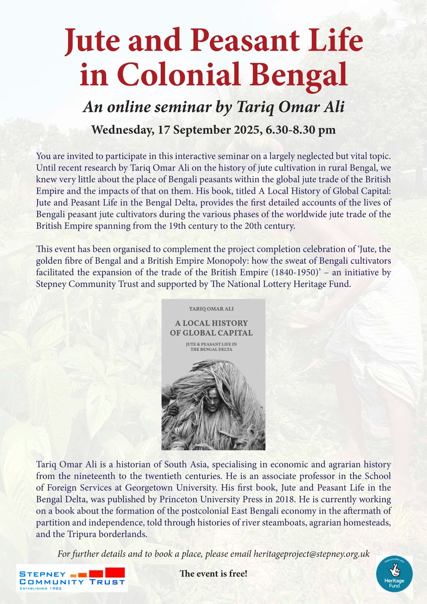 Jute and Peasant Life in Colonial Bengal
 An online seminar by Tariq Omar Ali
Wednesday, 17 September 2025, 6.30-8.30 pm
 eventbrite.co.uk/e/jute-and-pea…
By Tariq Omar Ali e Fund