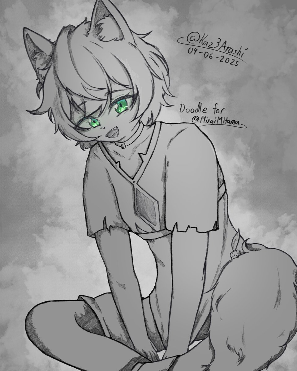 Probably the final doodle before first week of college. Will doodle the last few at another time. The cutie this time is <a href="/MiraiMitama/">MIrai MItama 😼💚</a> they stream on twitch and are currently doing a silksong marathon!