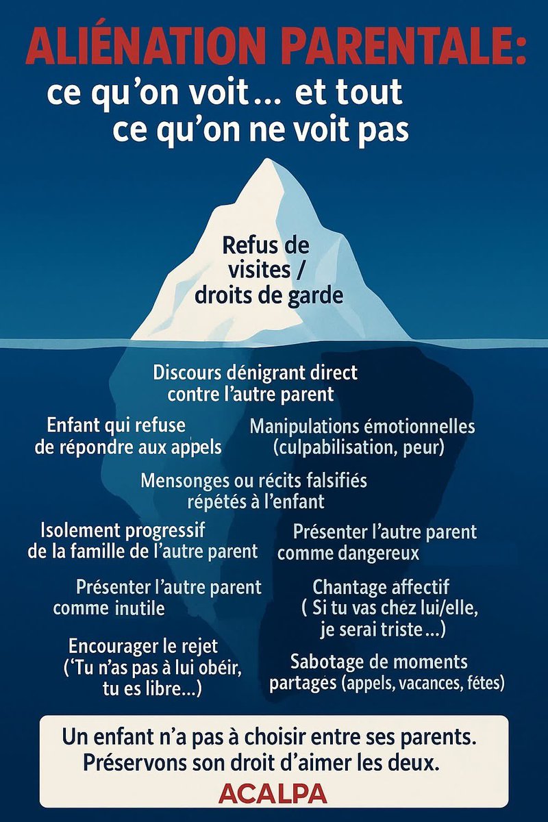 Aliénation Parentale : Comprendre l’invisible !

Dénigrement, manipulations, sabotage, isolement, chantage affectif…
C’est une réelle maltraitance faite aux enfants qui nuit à leur avenir.