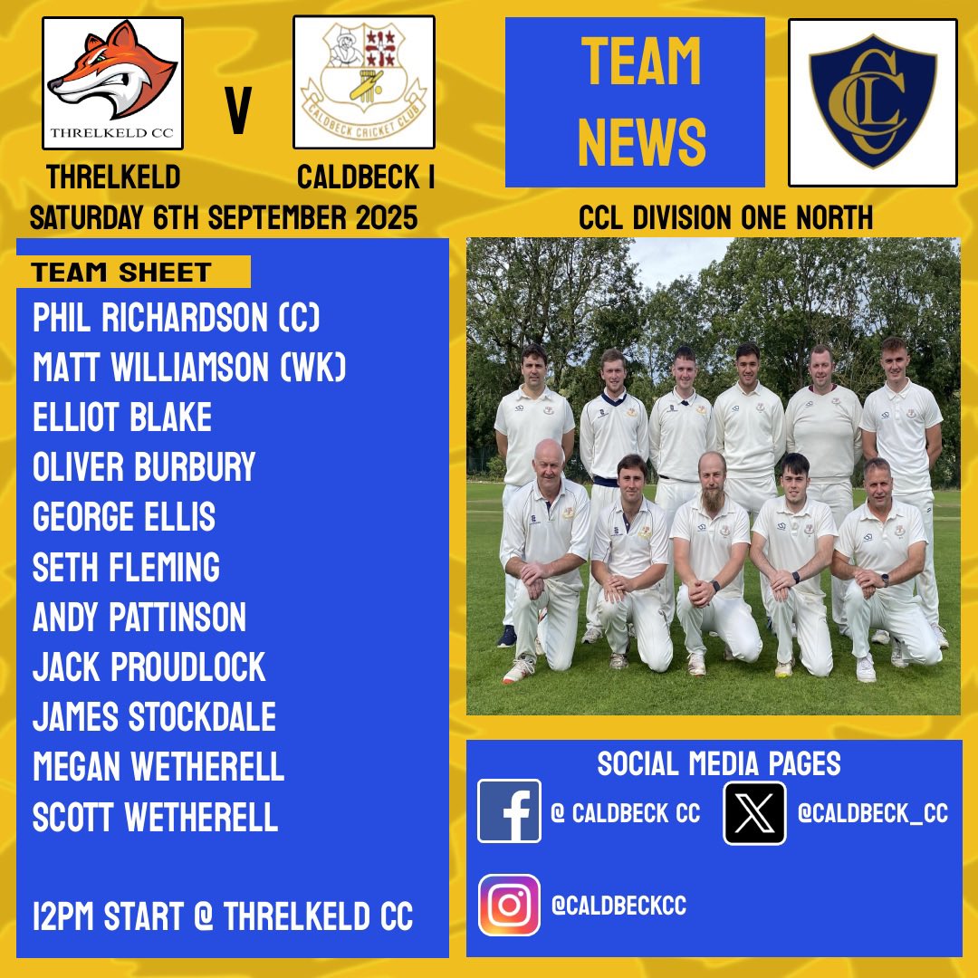 🏏Weekend Team News🏏

Only the one game today as the firsts travel to Threlkeld in their final game of the season.

<a href="/cumbrialeague/">Cumbria Cricket League</a>
