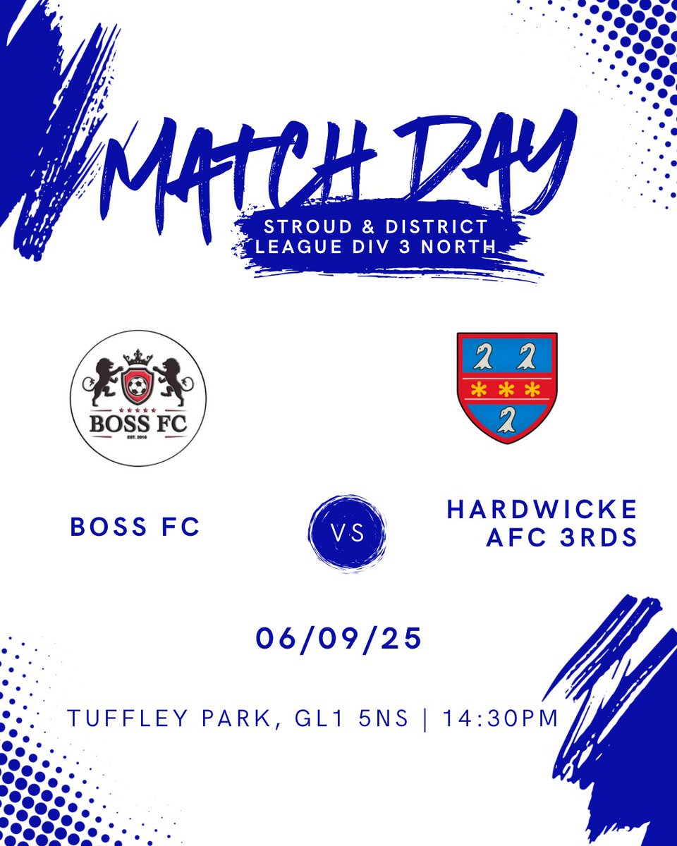 HardwickeAFC's tweet image. 🔵⚪️ MATCHDAY ⚪️🔵

Our 3rds travel to Tuffley Park to take on Boss FC in their second game of the season - hoping to get some points on the board!