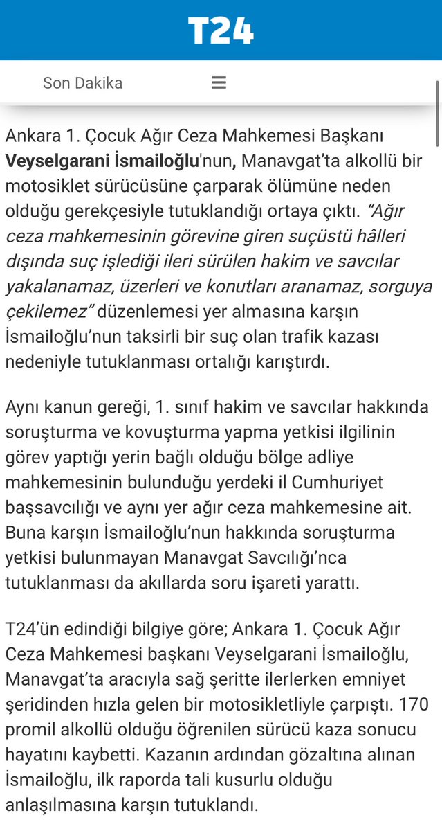 Bir çocuk ağır ceza mahkemesi başkanı alkollü olduğu ileri sürülen bir motosiklet sürücüsüne çarparak ölümüne sebep olduğu gerekçesiyle yasaya ve yasadaki usule aykırı şekilde tutuklanmış. Görüldüğü üzere terazi bozuk olunca teraziyi elinde tutanlar bile yanlış tartılıyor yani